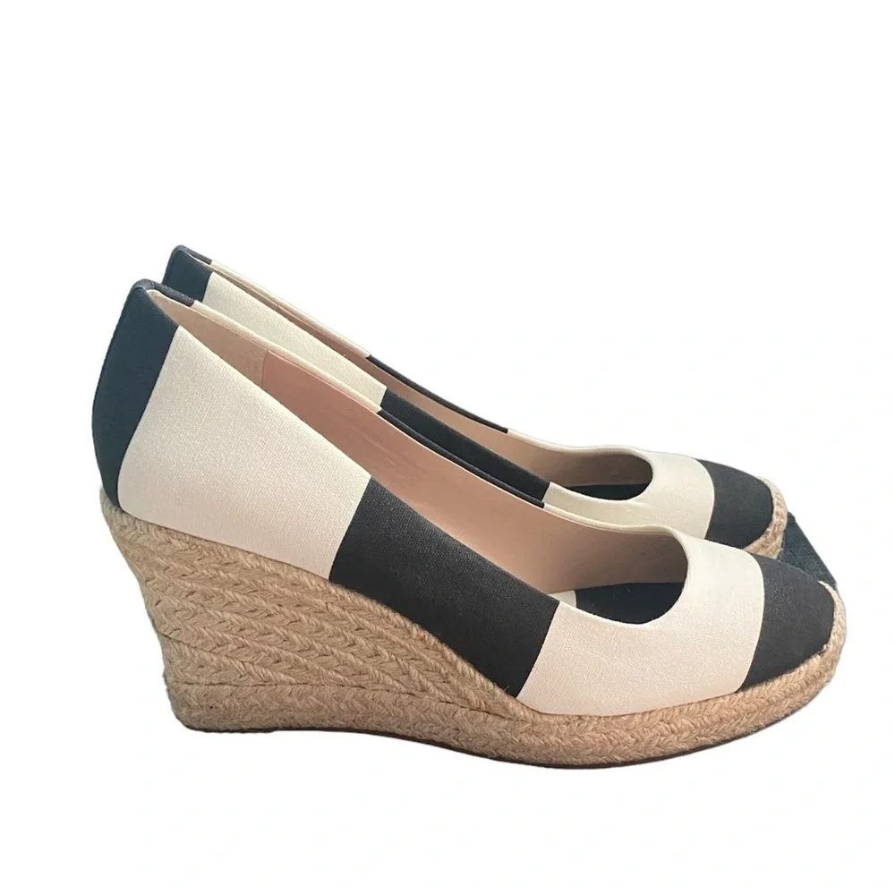 J. Crew New Seville Black White Stripe Canvas Wedge Espadrilles Women’s 9 NIB